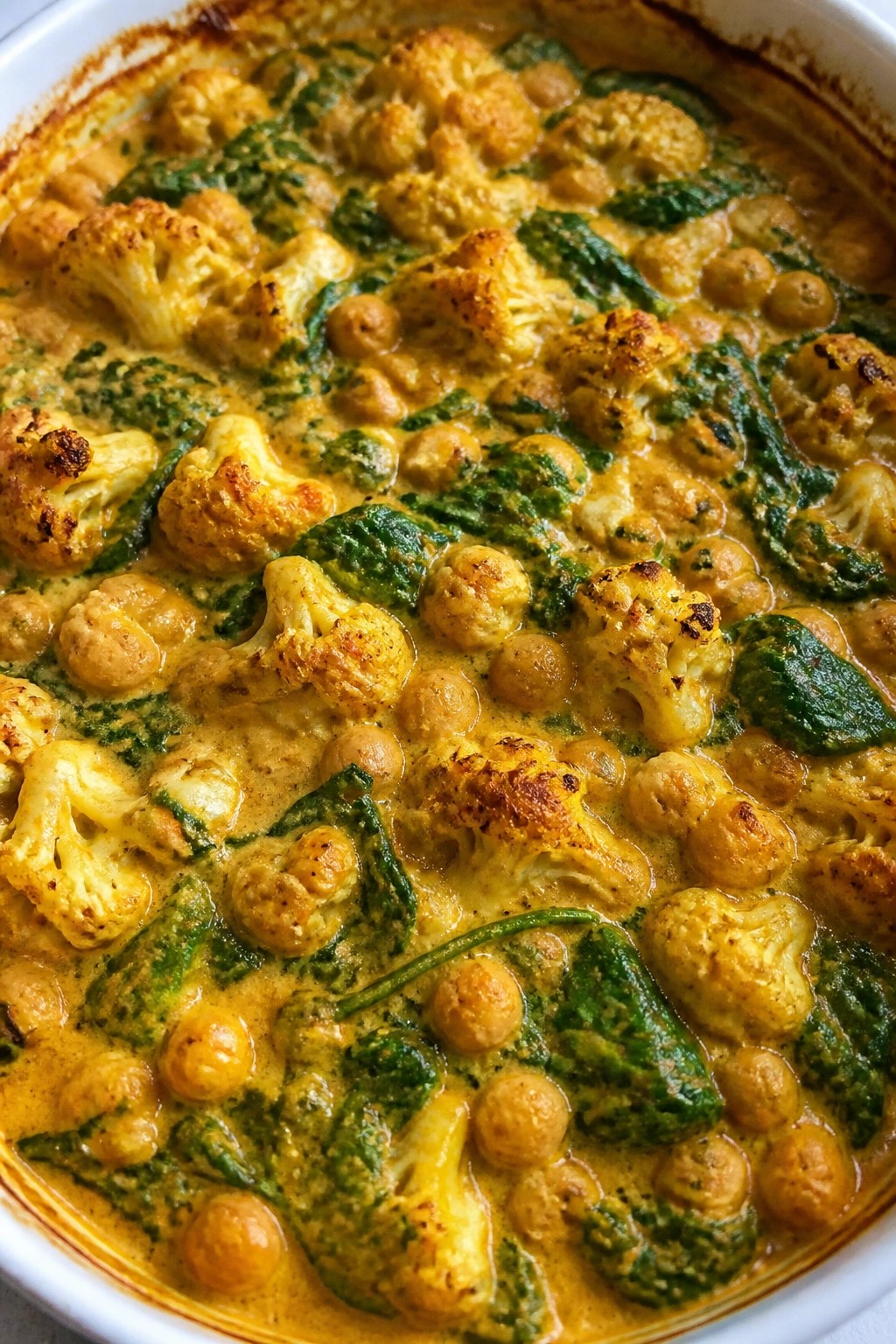 Chickpea Cauliflower Curry Casserole with Spinach