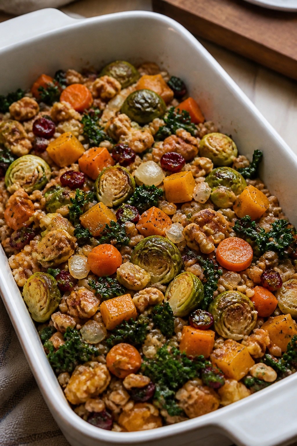Farro Harvest Vegetable Casserole with Cranberries and Walnuts