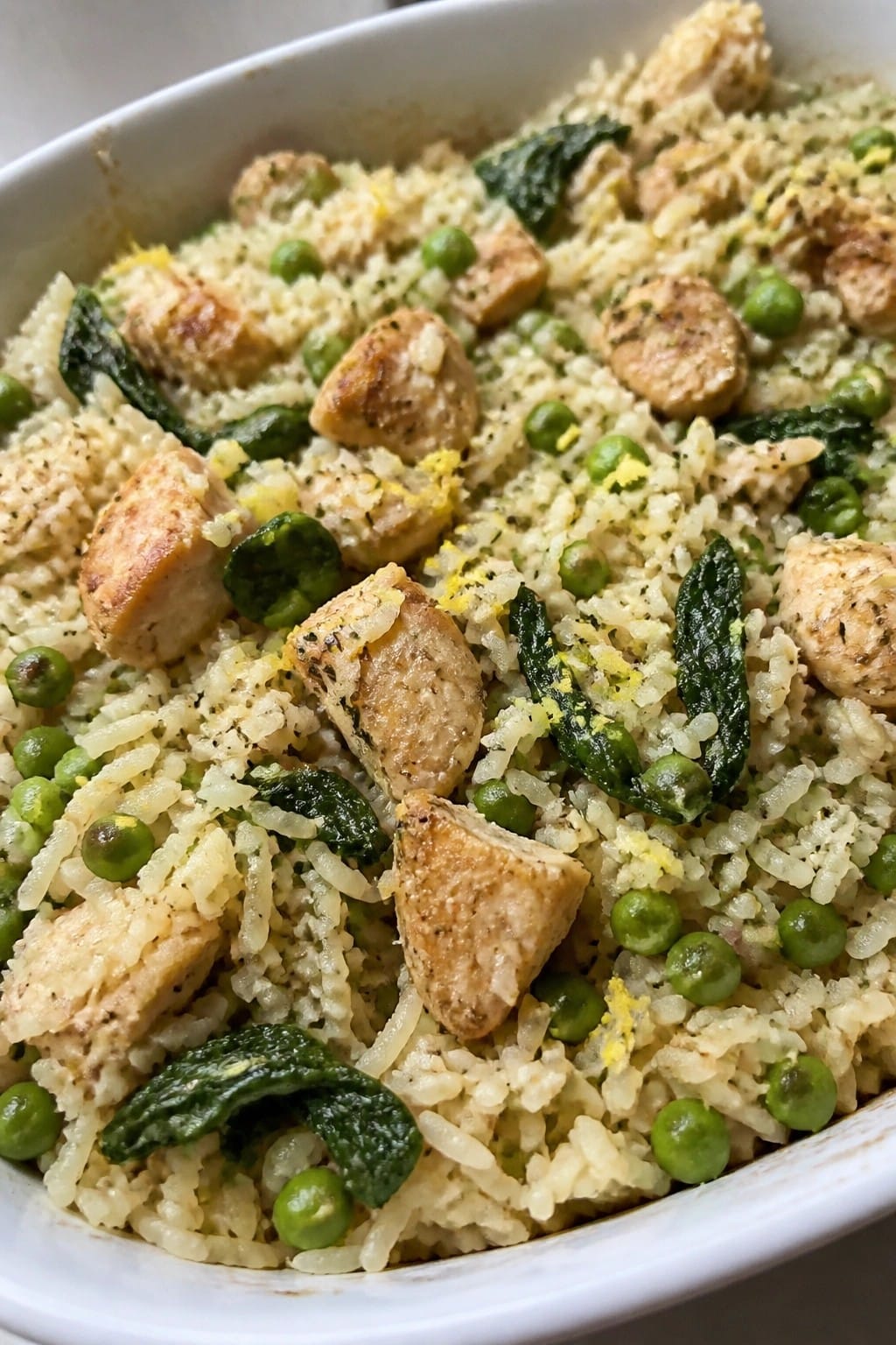 Lemon Herb Chicken Rice Casserole with Spinach and Peas