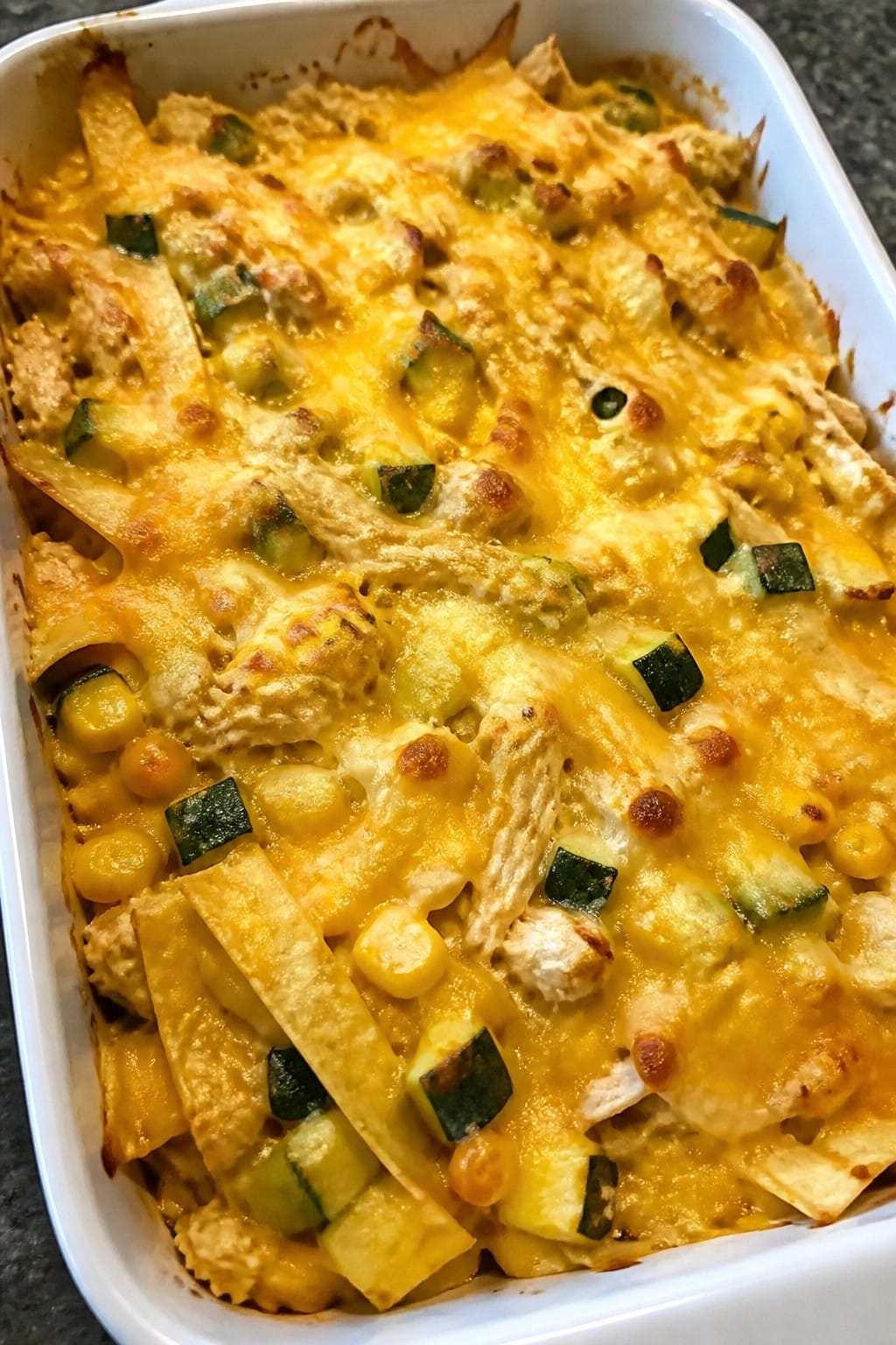 Zucchini Corn Chicken Tortilla Casserole
