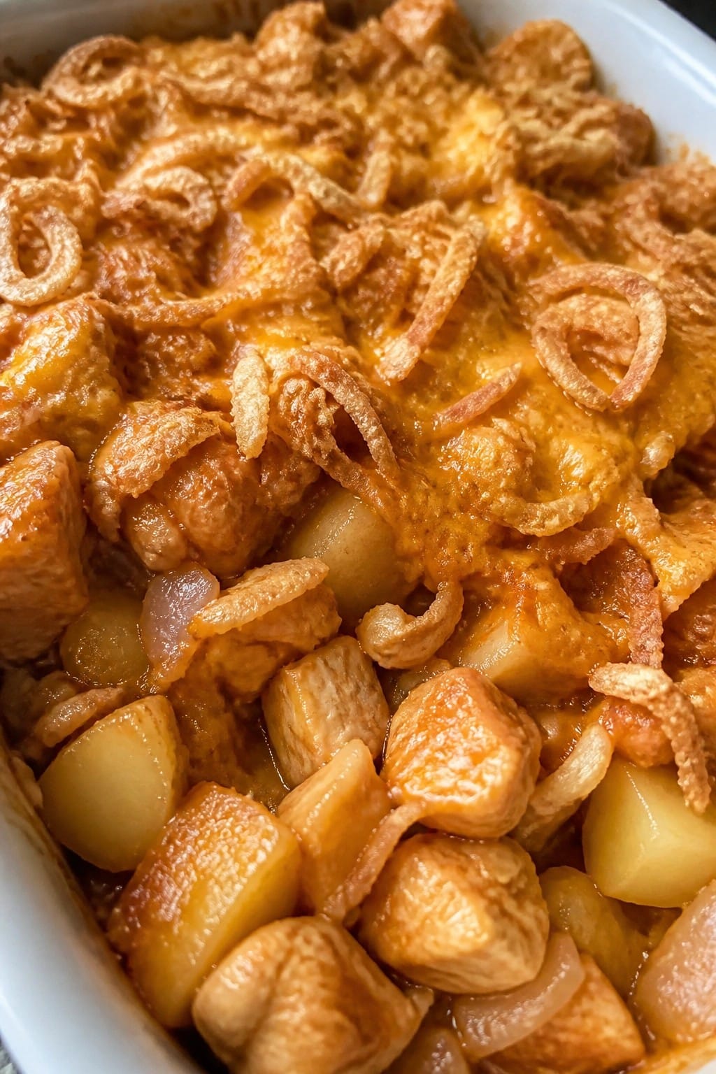 BBQ Chicken Potato Casserole with Crispy Onions