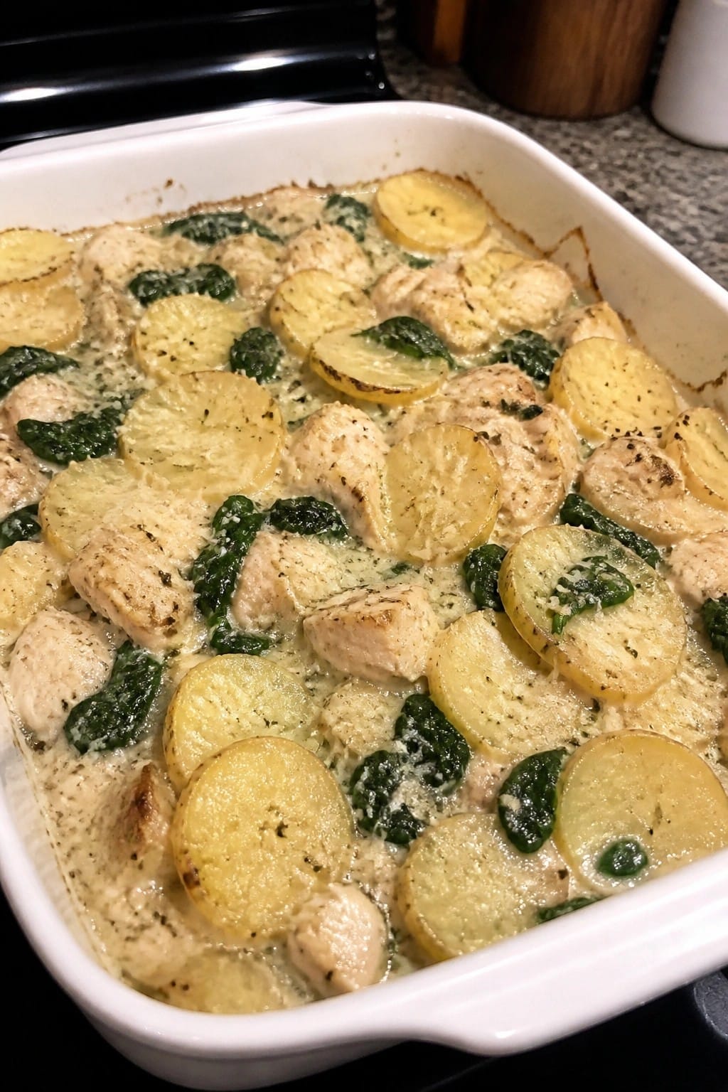 Garlic Parmesan Chicken Potato Casserole with Spinach