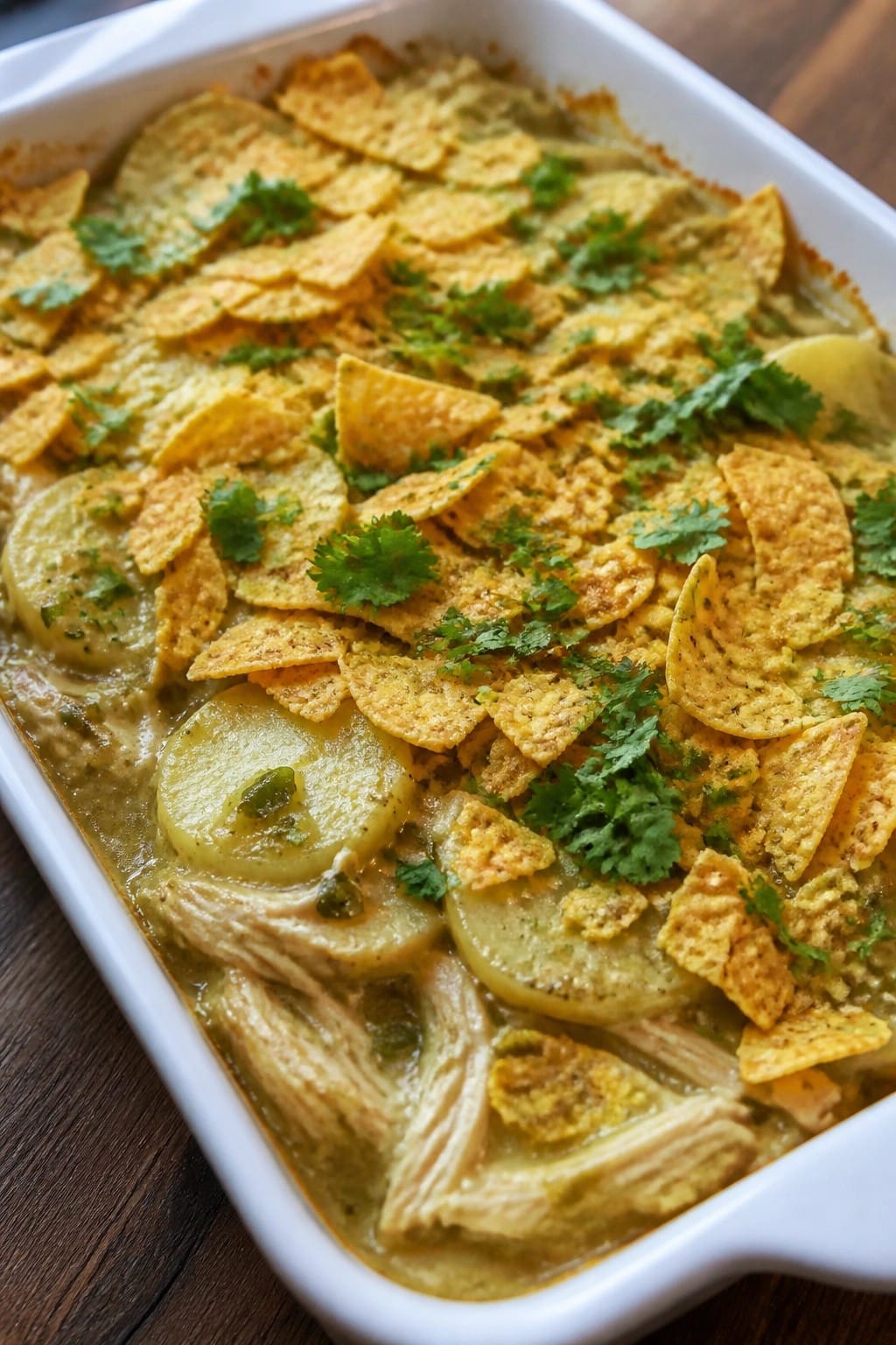 Green Chile Chicken Potato Casserole with Tortilla Crunch