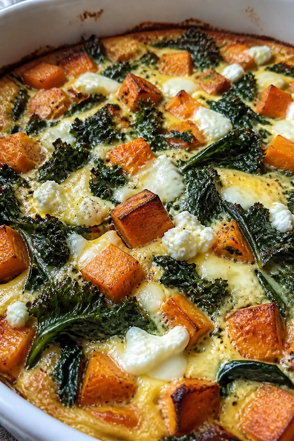 Sweet Potato Kale and Goat Cheese Breakfast Casserole