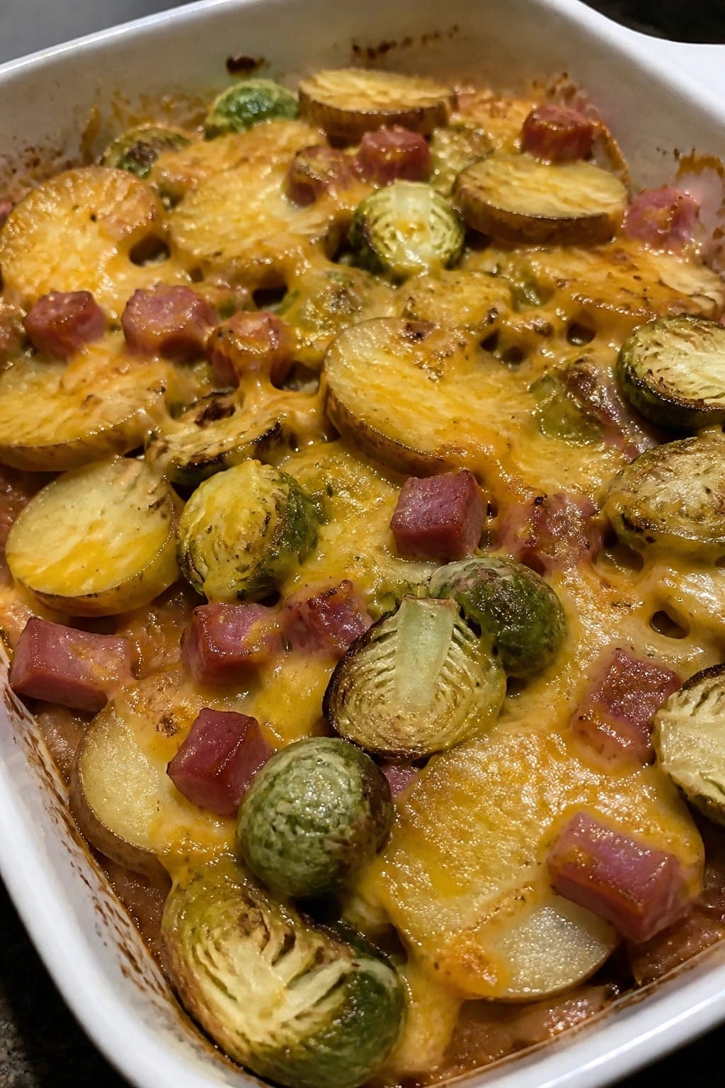 Maple Ham Brussels Sprouts Potato Casserole