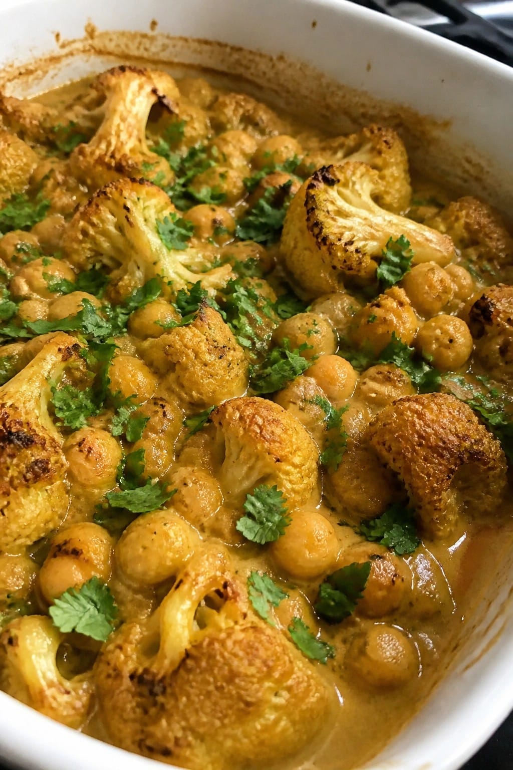 Roasted Cauliflower Chickpea Curry Casserole