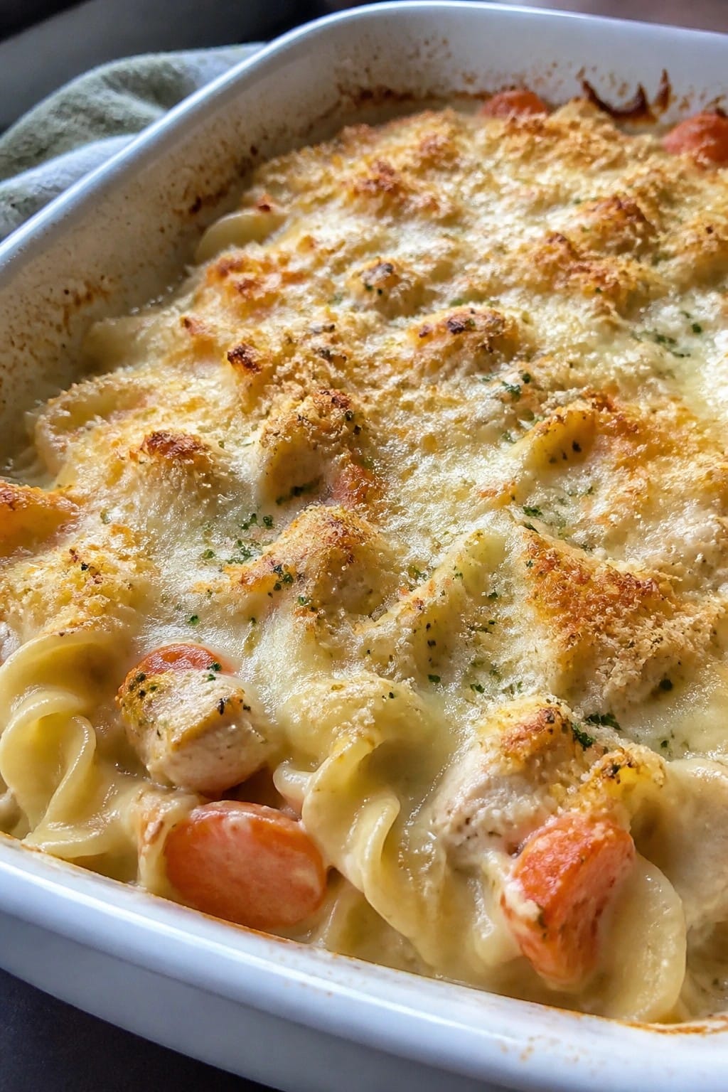Garlic Parmesan Chicken Noodle Casserole with Carrots
