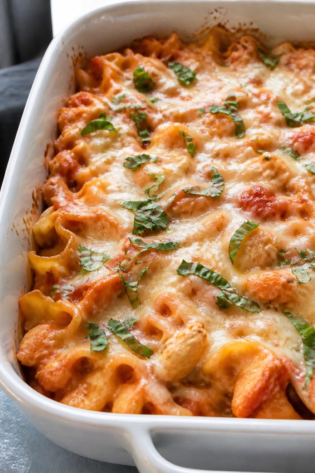 Rich Tomato Basil Chicken Noodle Casserole