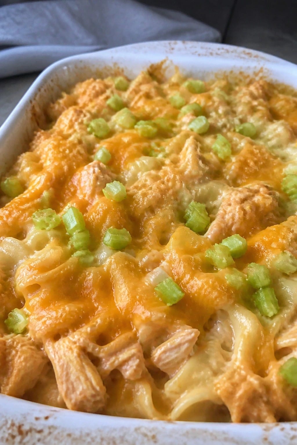 Spicy Buffalo Chicken Noodle Casserole with Celery