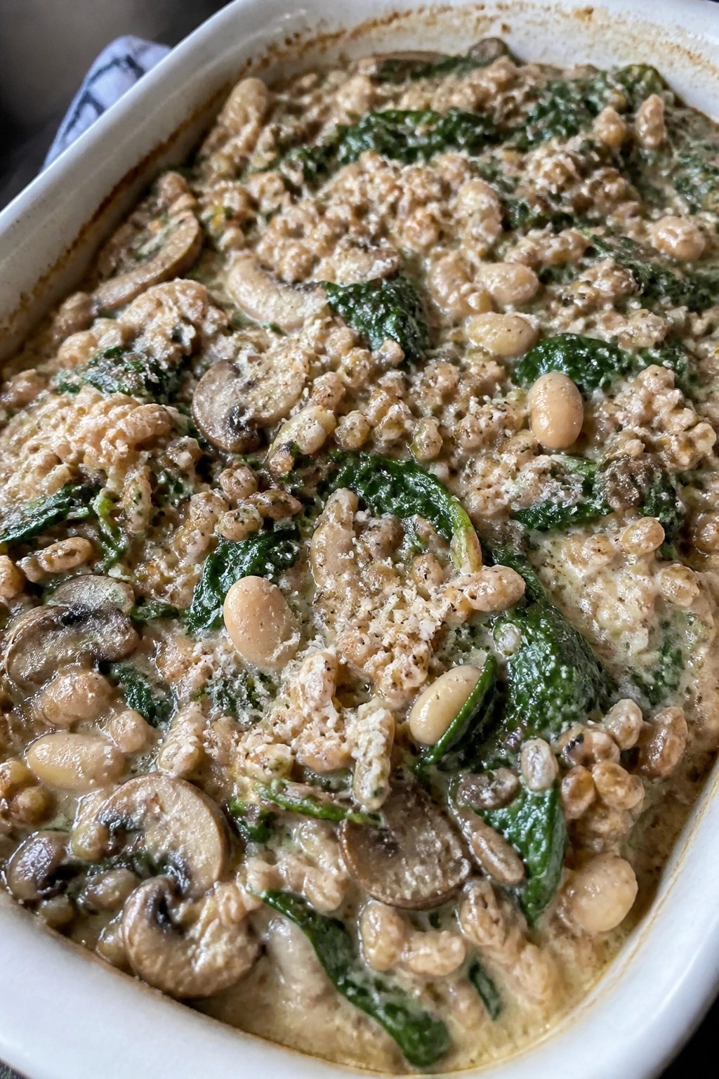 Creamy Mushroom Spinach Farro White Bean Casserole