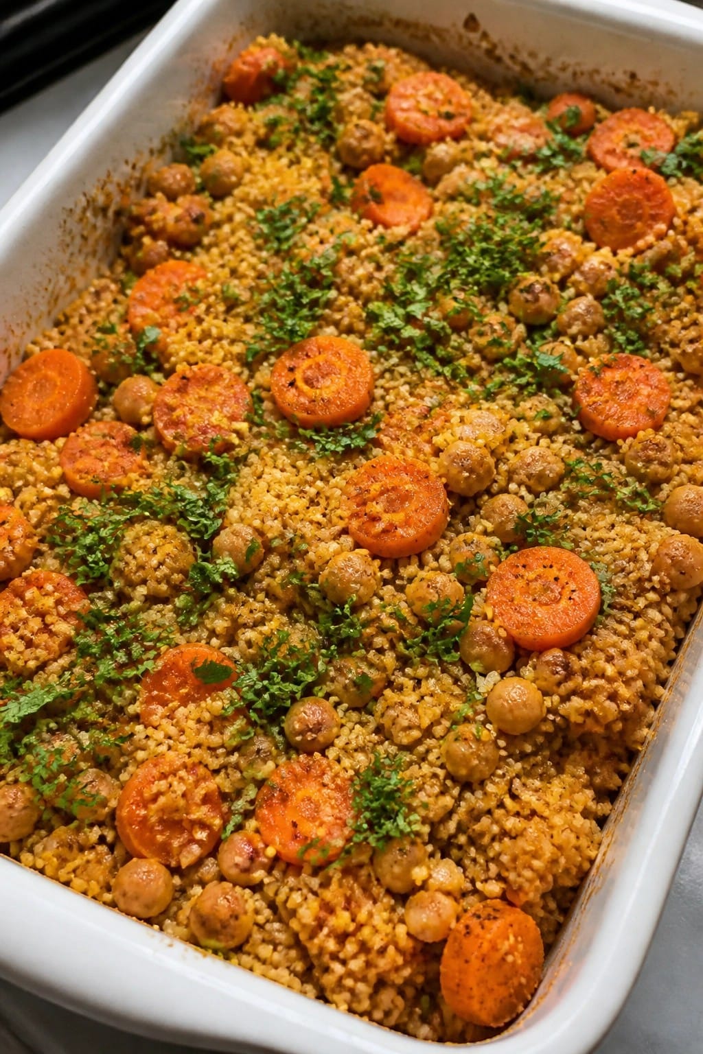Moroccan Spiced Carrot Chickpea Couscous Casserole