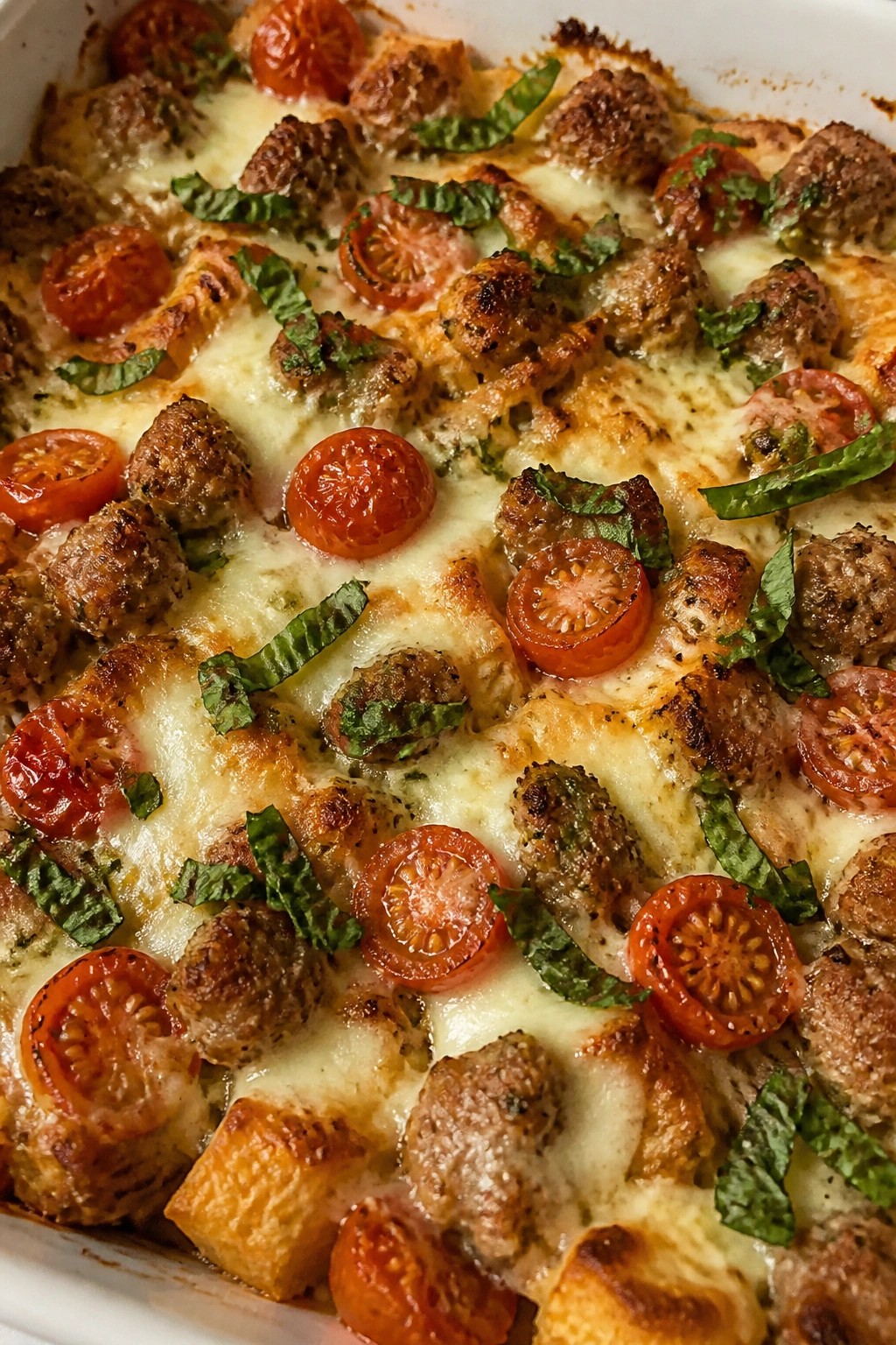 Herbed Sausage Tomato Basil and Mozzarella Casserole