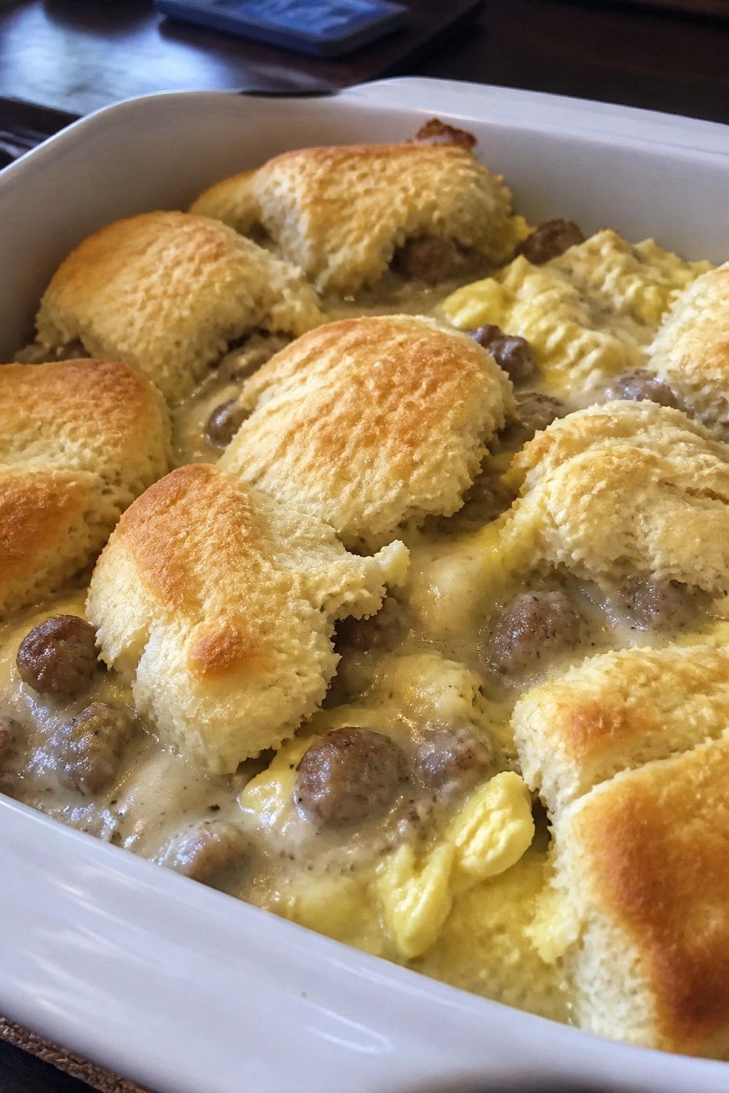 Sausage Biscuit-Topped Egg and Gravy Casserole