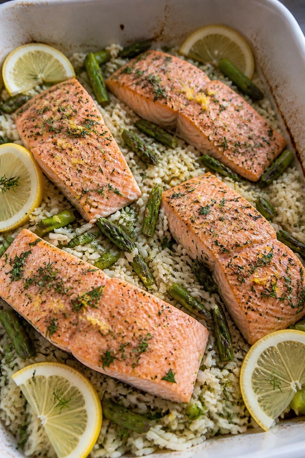 Lemon Dill Salmon and Asparagus Rice Bake