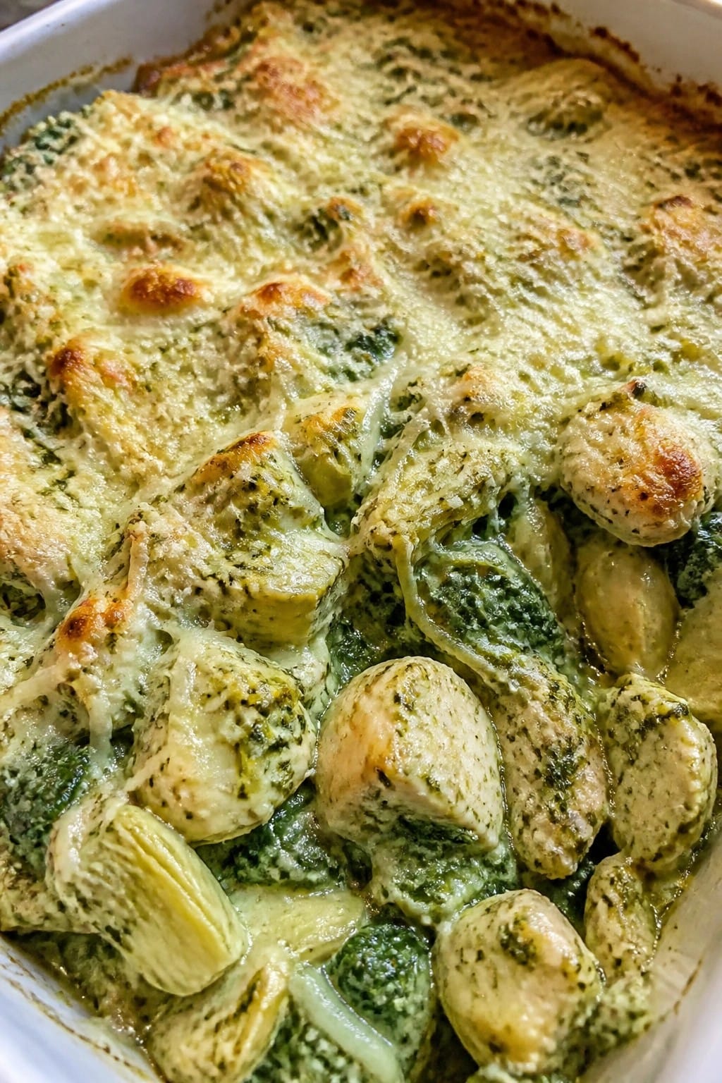 Pesto Chicken Spinach Artichoke Casserole