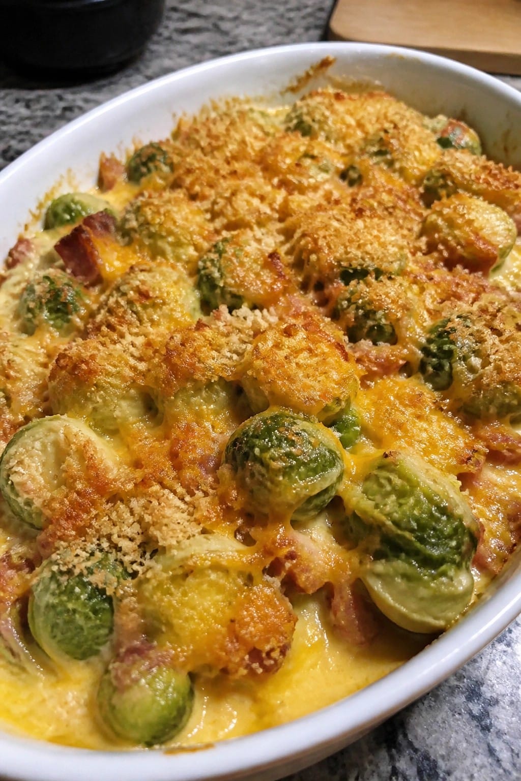Brussels Sprouts Gratin with Cheddar and Smoky Bacon