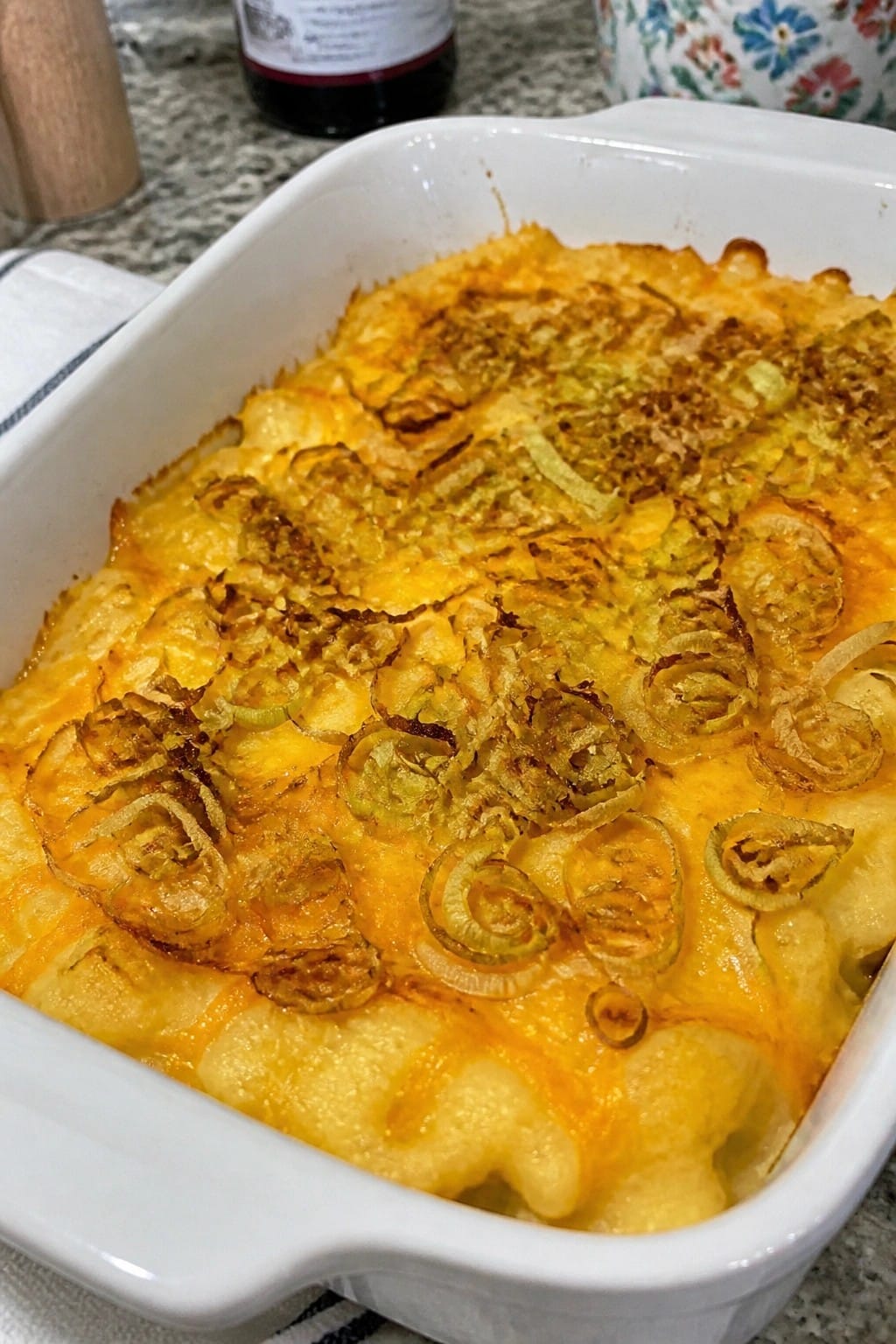 Cauliflower Rice Casserole with Cheddar and Crispy Leeks