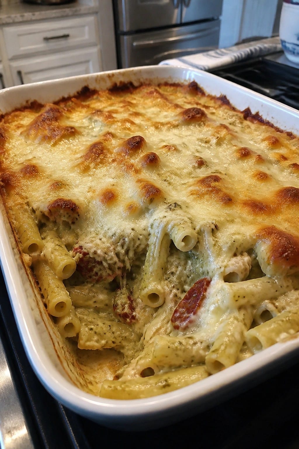Basil Pesto Chicken Sun-Dried Tomato Ziti Bake