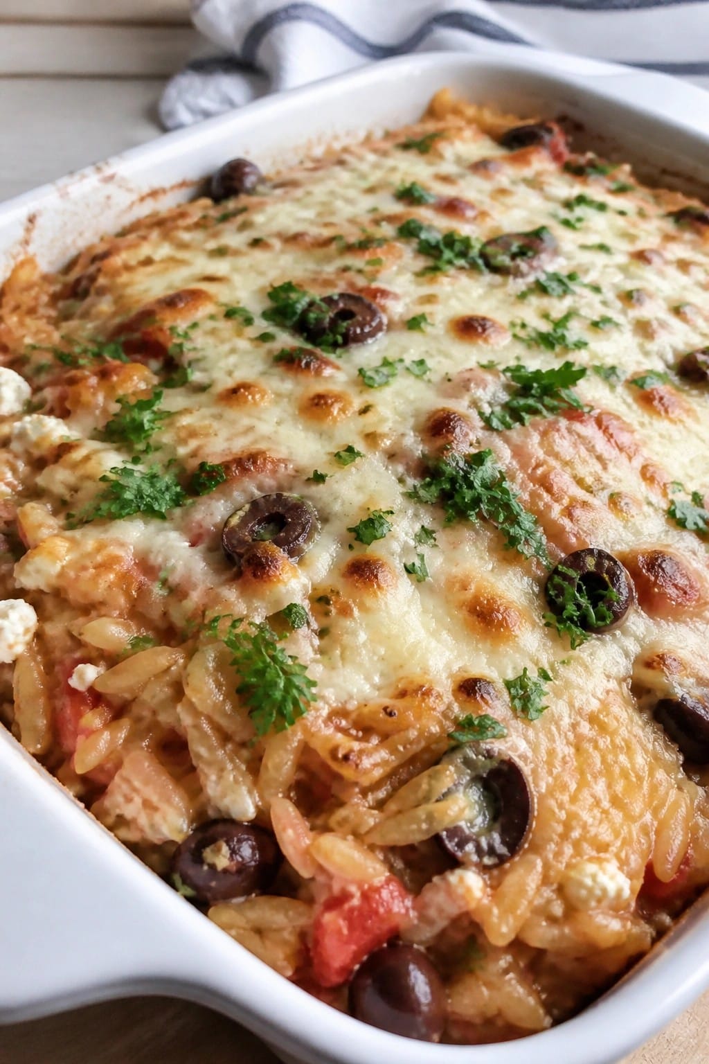 Greek Feta Olive and Tomato Orzo Casserole