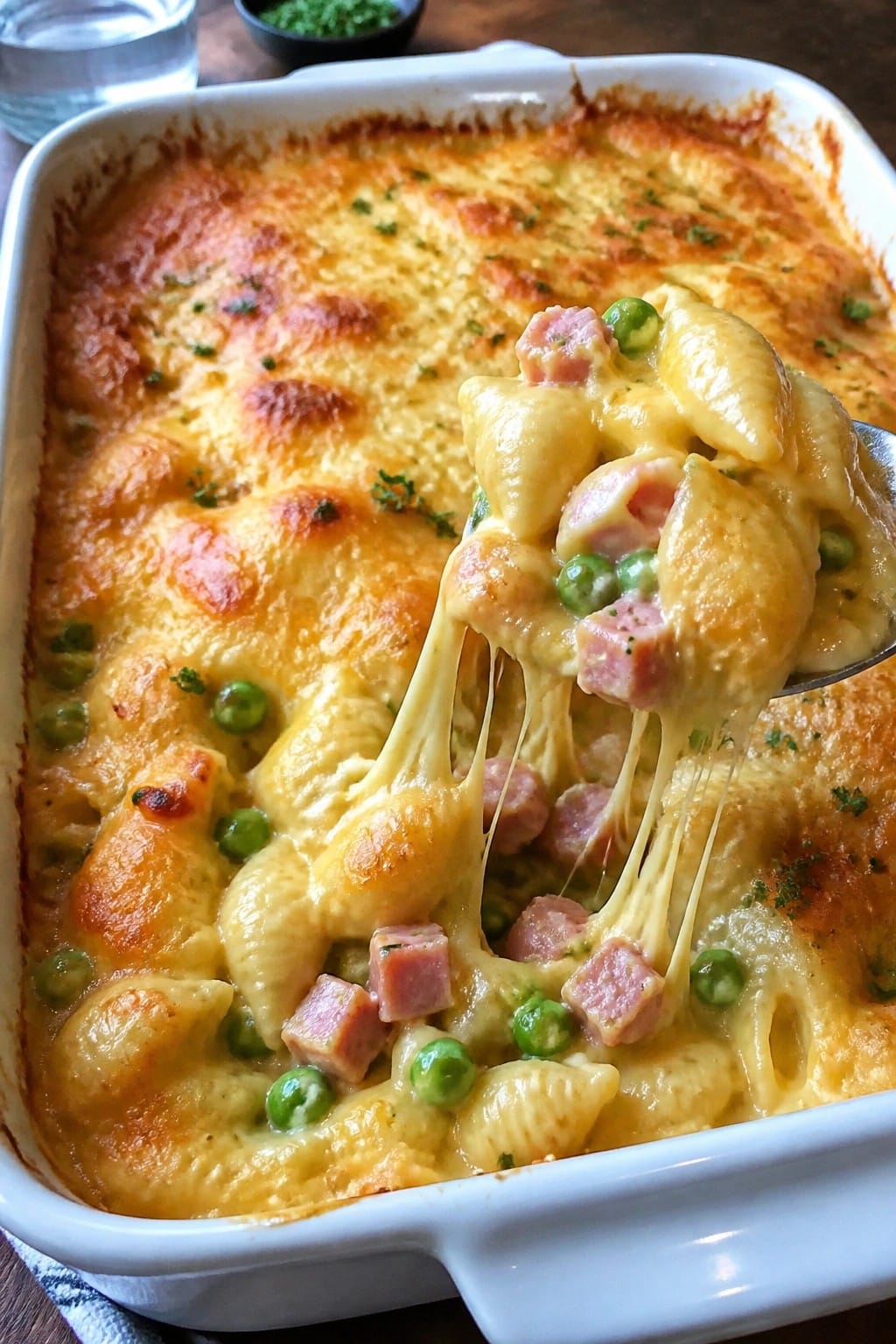 Smoky Ham Pea and Cheddar Shells Casserole