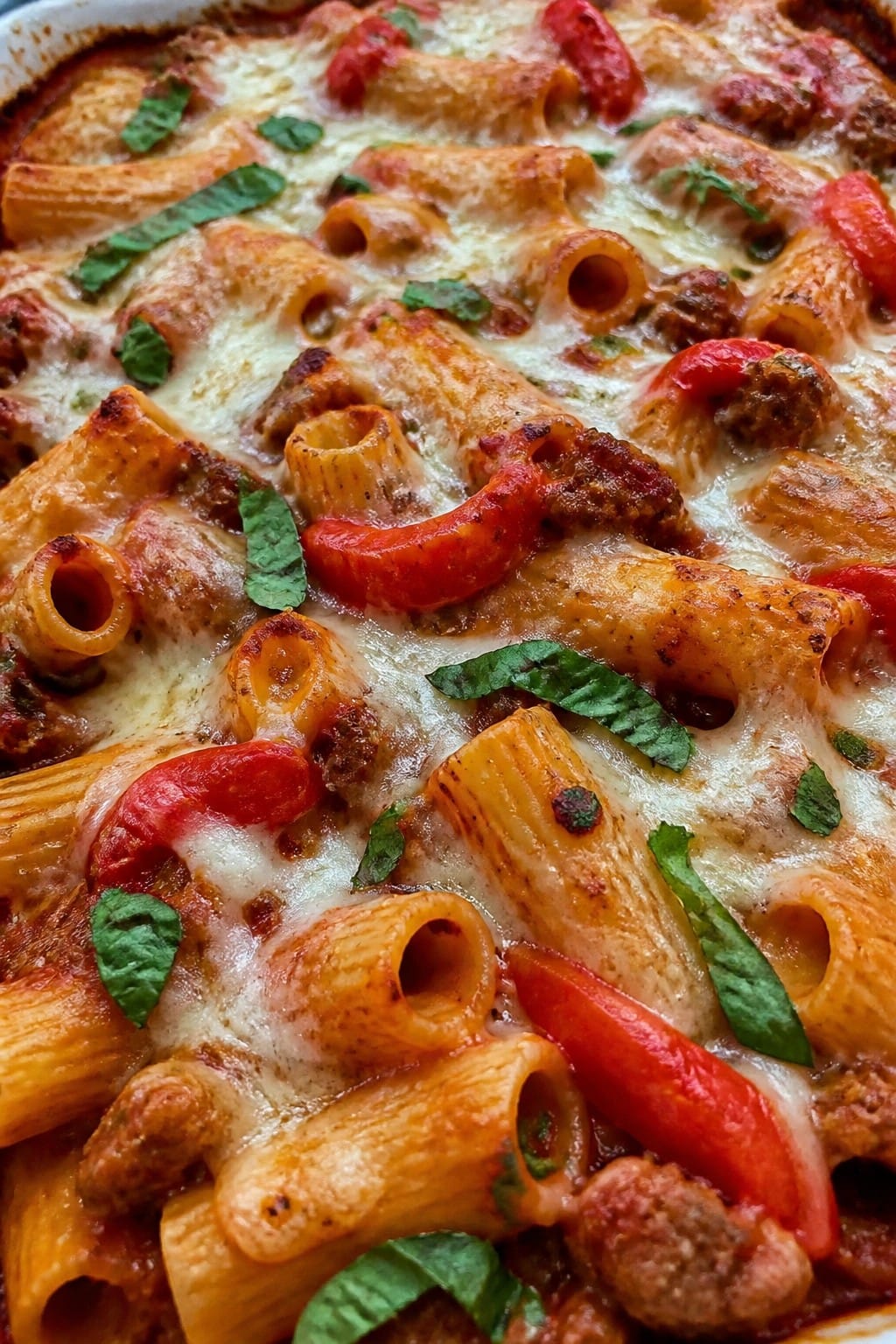 Spicy Italian Sausage and Roasted Pepper Rigatoni Bake