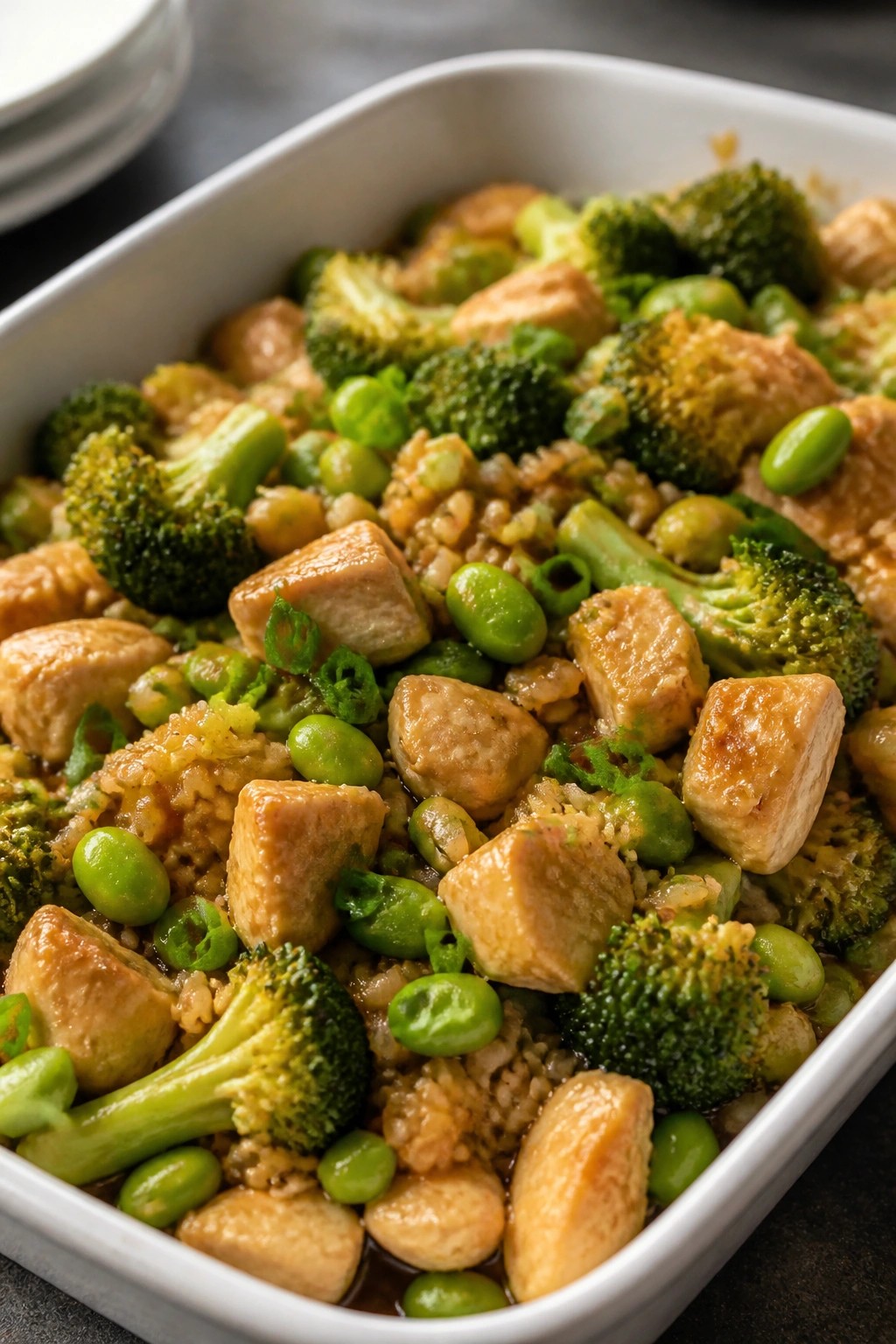 Ginger Soy Edamame Broccoli Chicken Casserole