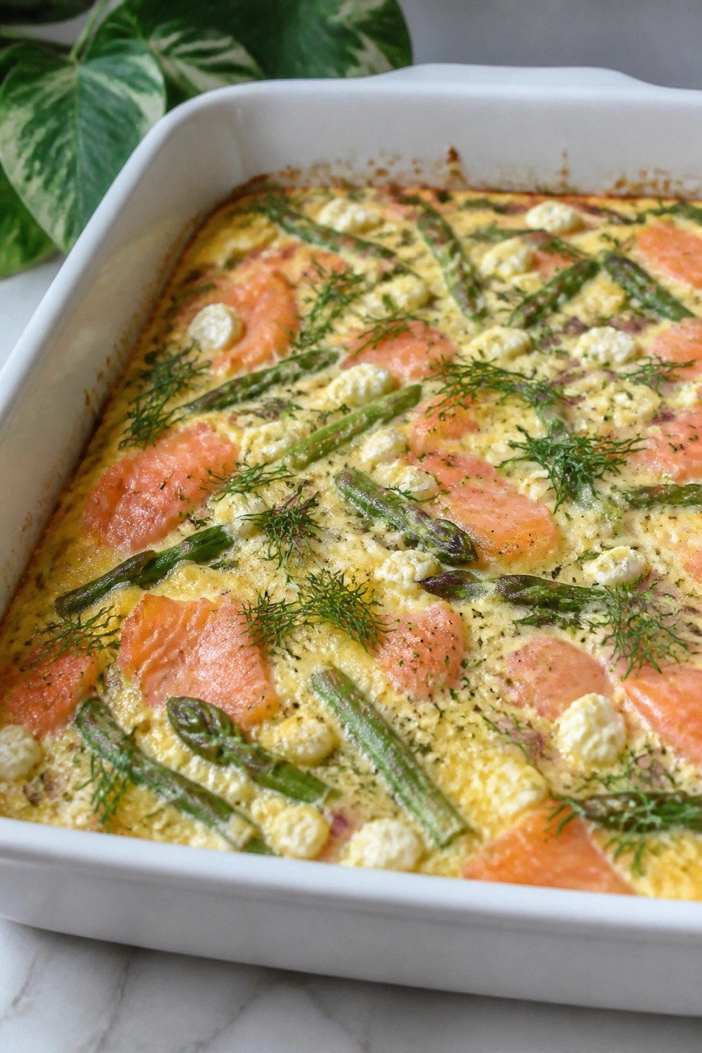Smoked Salmon Asparagus and Dill Breakfast Casserole