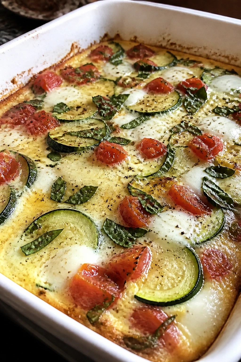 Zucchini Basil Tomato and Mozzarella Breakfast Casserole