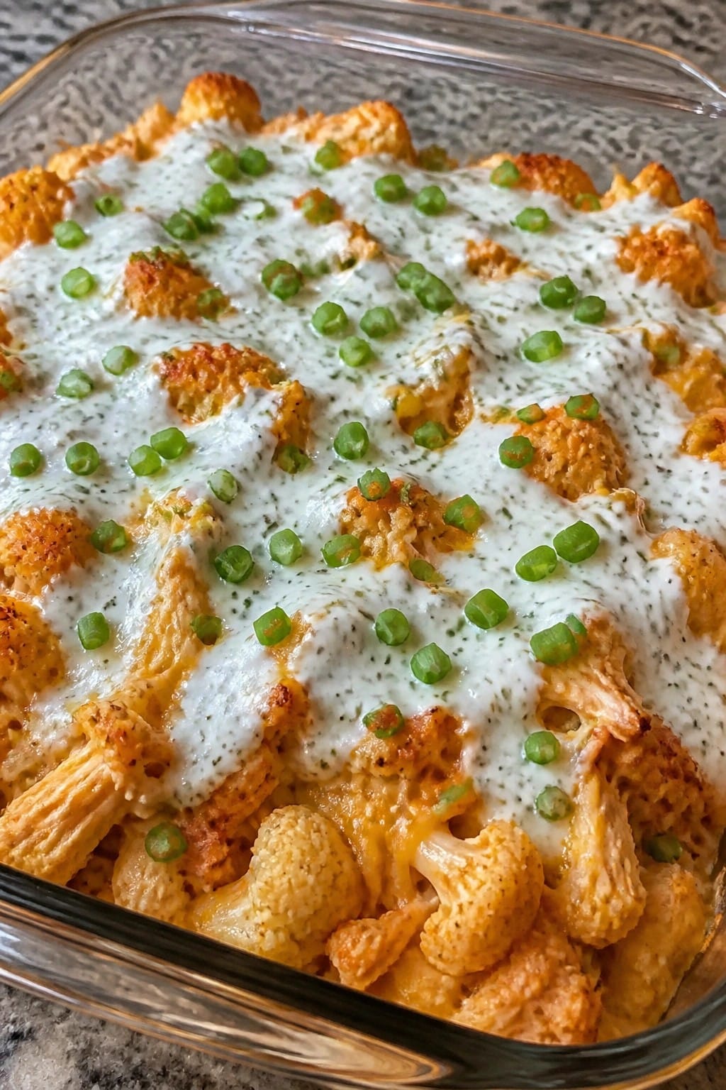 Buffalo Chicken Cauliflower Casserole with Greek Yogurt Ranch