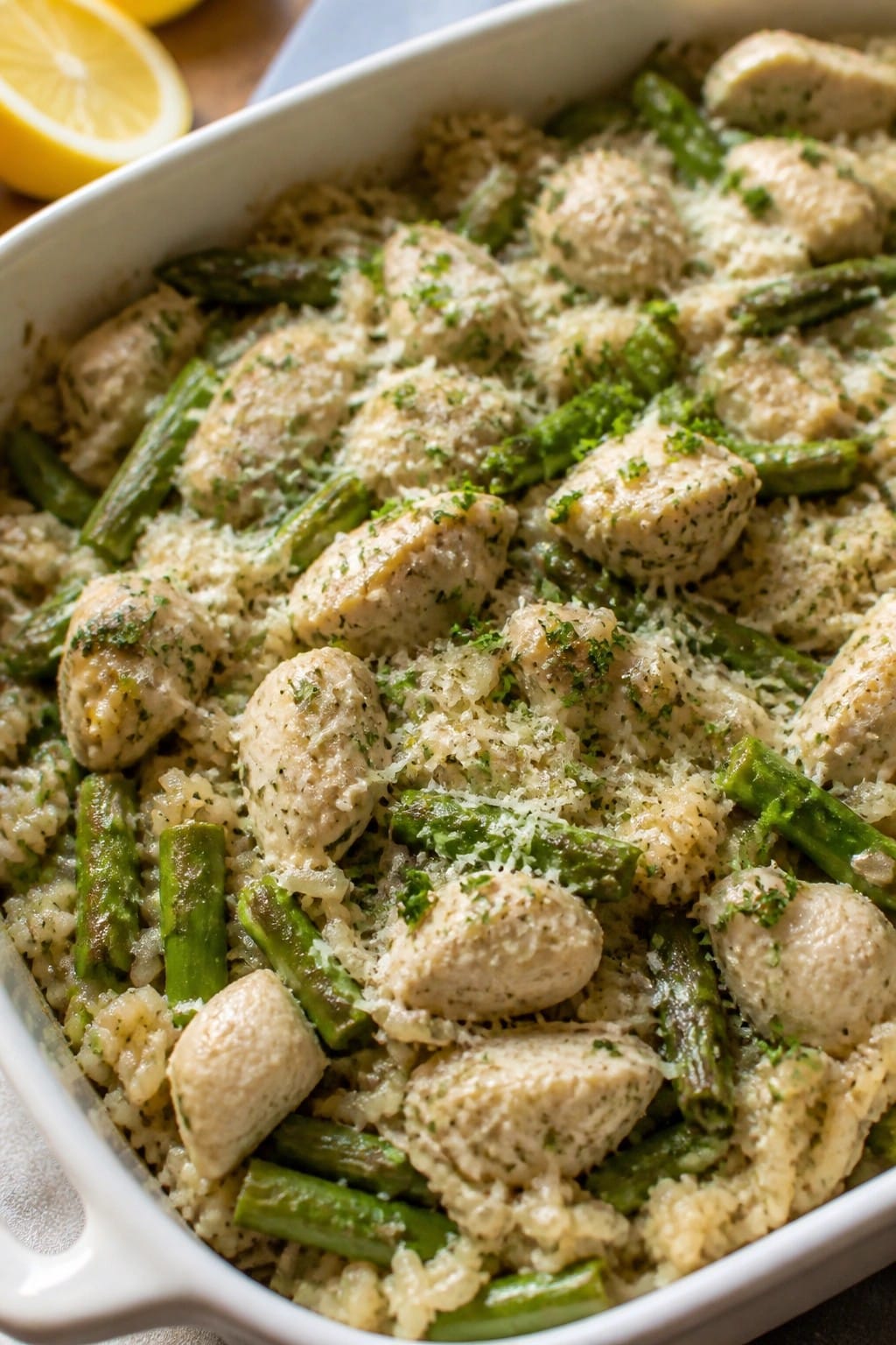 Lemon Herb Chicken Asparagus and Brown Rice Casserole