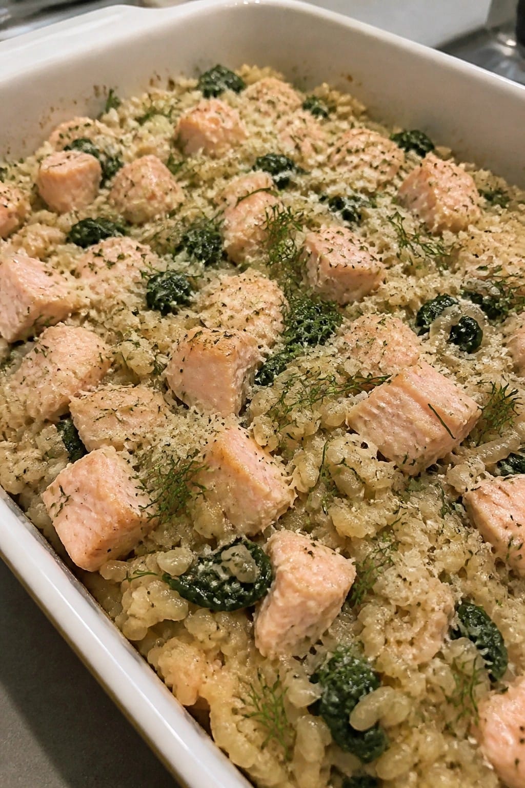 Lemon Dill Salmon Brown Rice Casserole