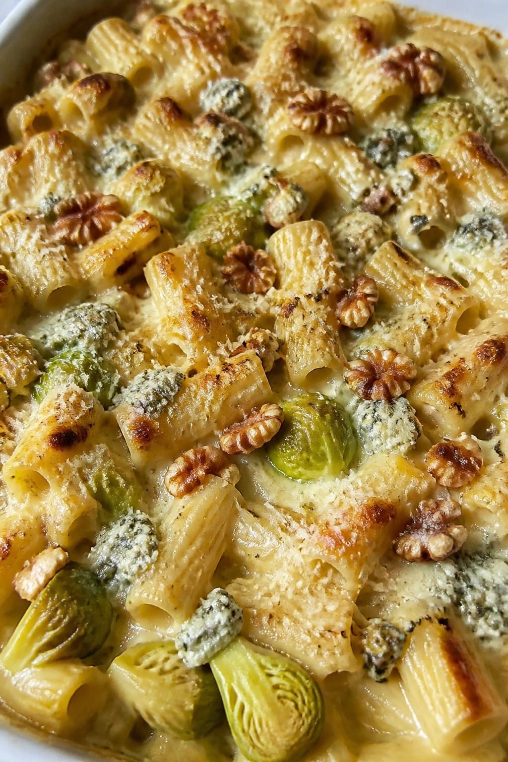 Brussels Sprouts Gorgonzola and Walnut Rigatoni Bake