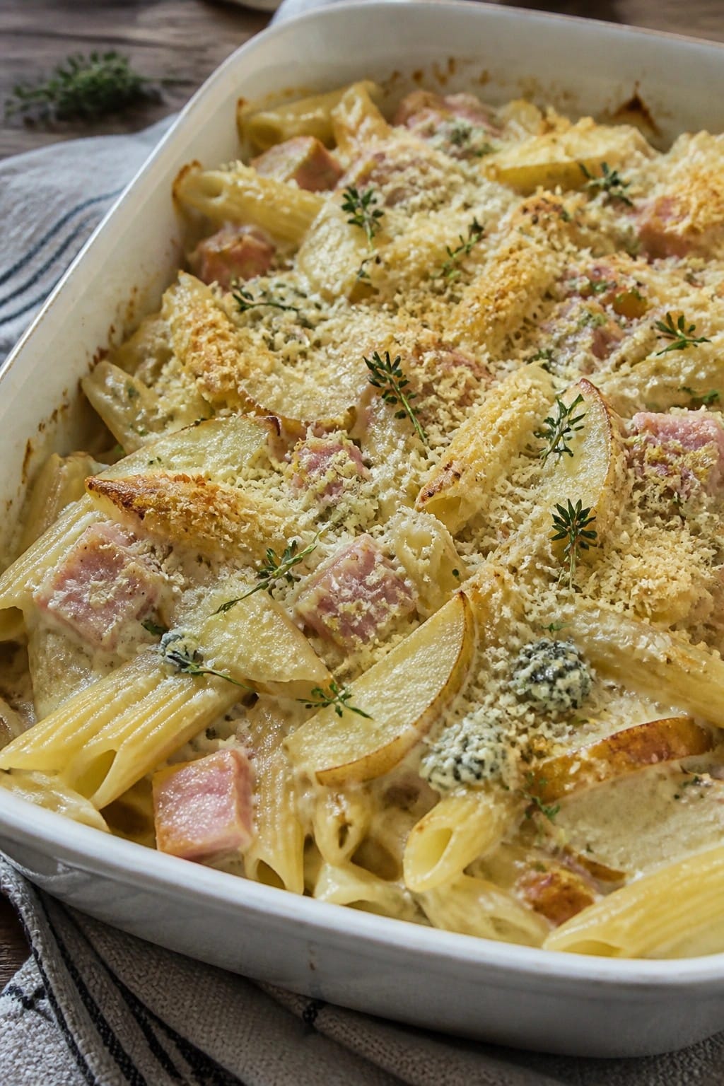 Pear and Blue Cheese Ham Pasta Gratin