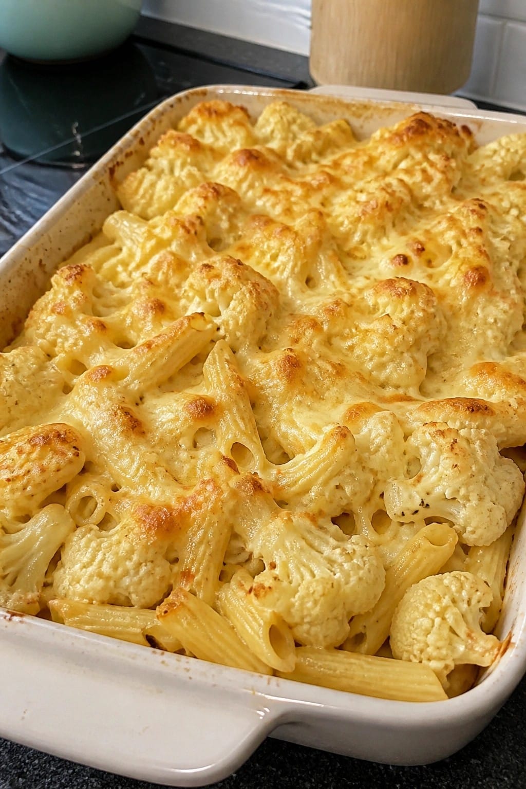 Roasted Garlic Cauliflower and White Cheddar Penne Casserole
