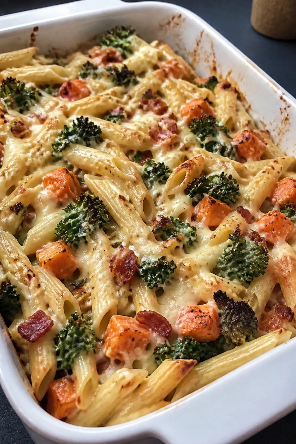 Sweet Potato Kale and Smoked Bacon Alfredo Bake