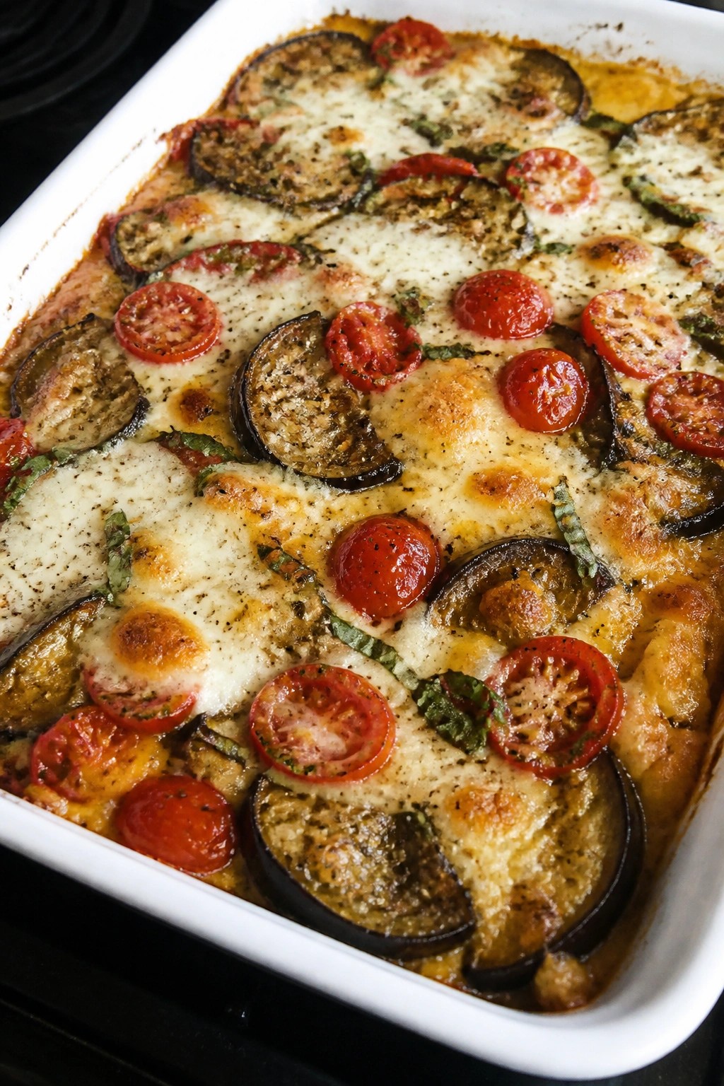 Tomato Basil Eggplant Breakfast Casserole with Mozzarella