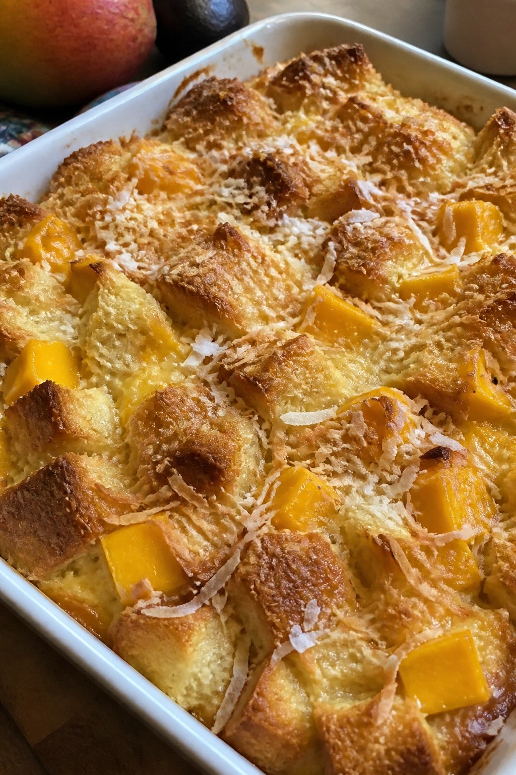 Coconut Mango French Toast Casserole with Toasted Coconut