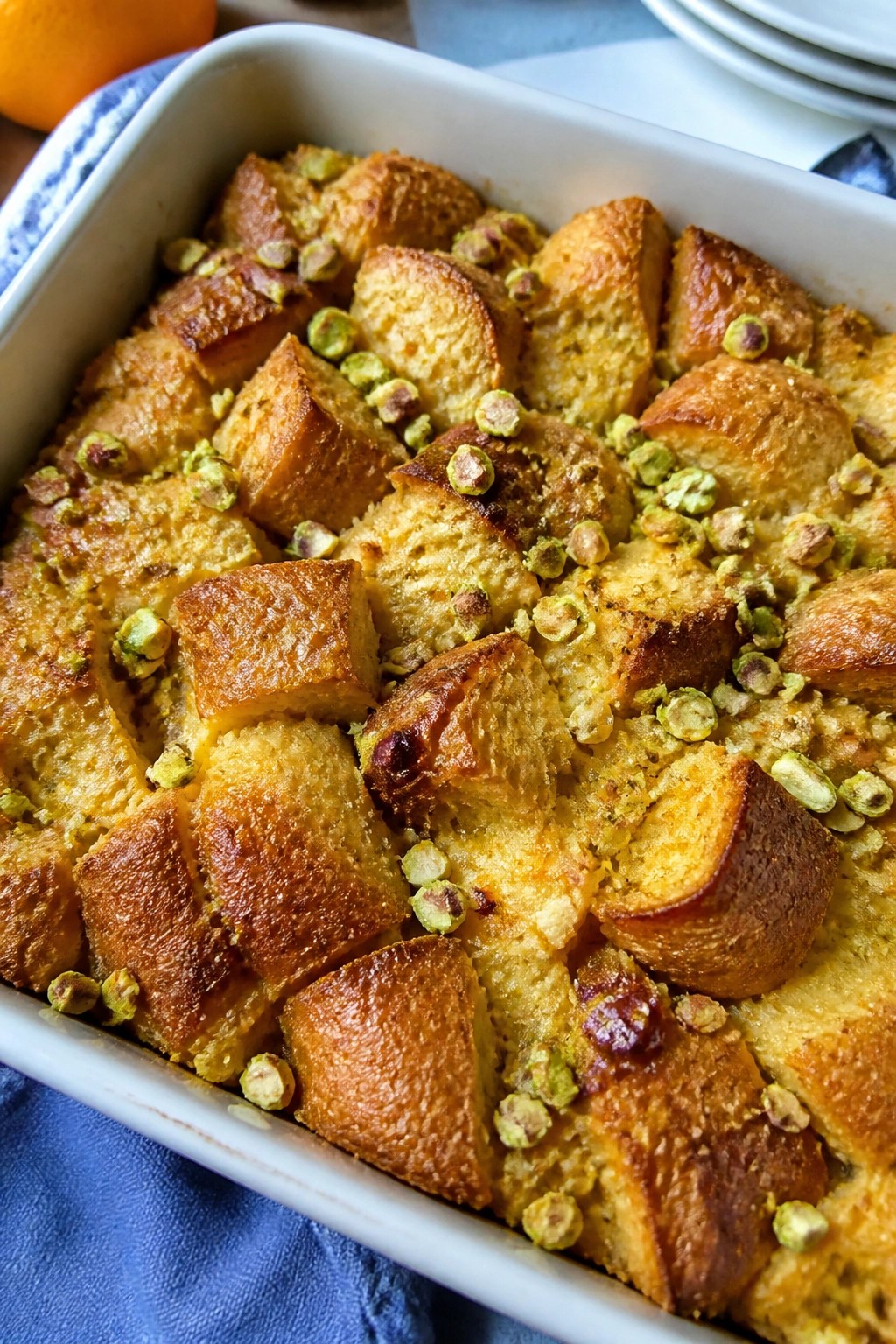 Orange Cardamom French Toast Casserole with Pistachios