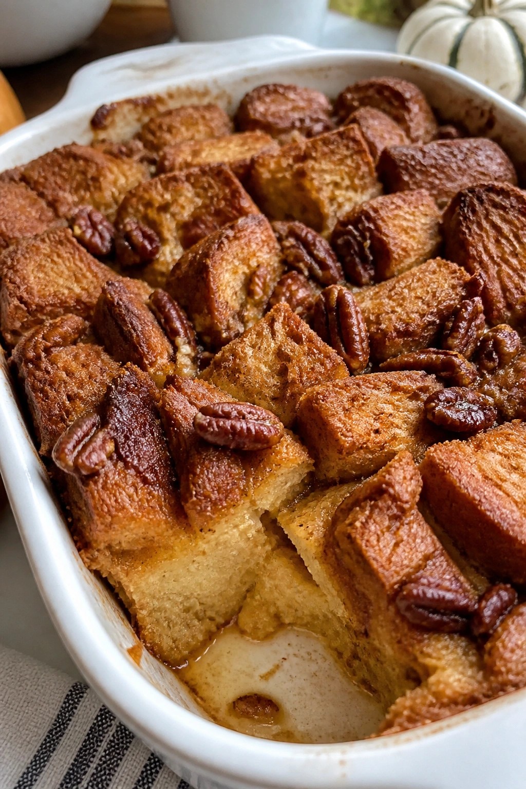 Pumpkin Spice French Toast Casserole with Candied Pecans