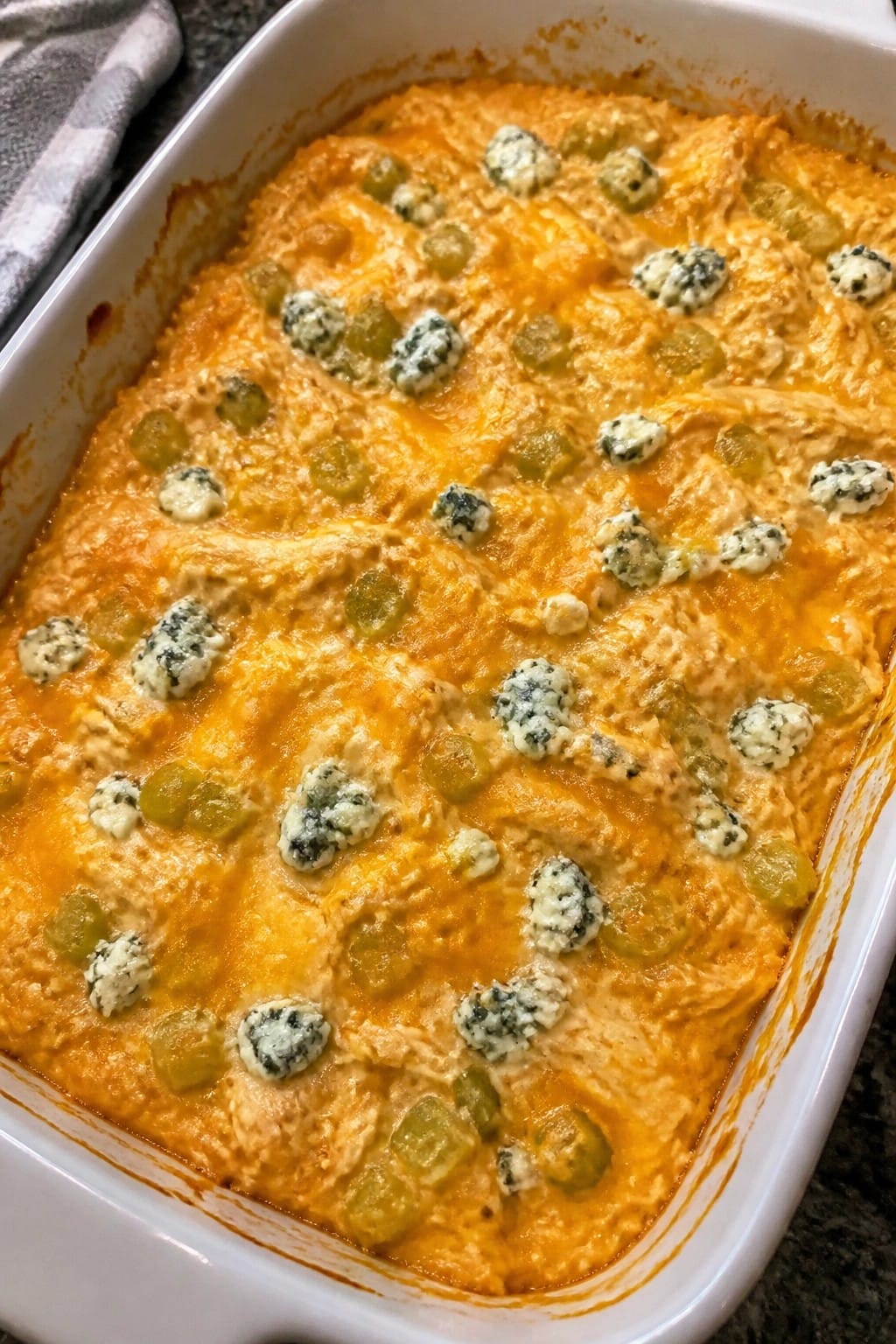 Buffalo Chicken Casserole with Celery and Blue Cheese