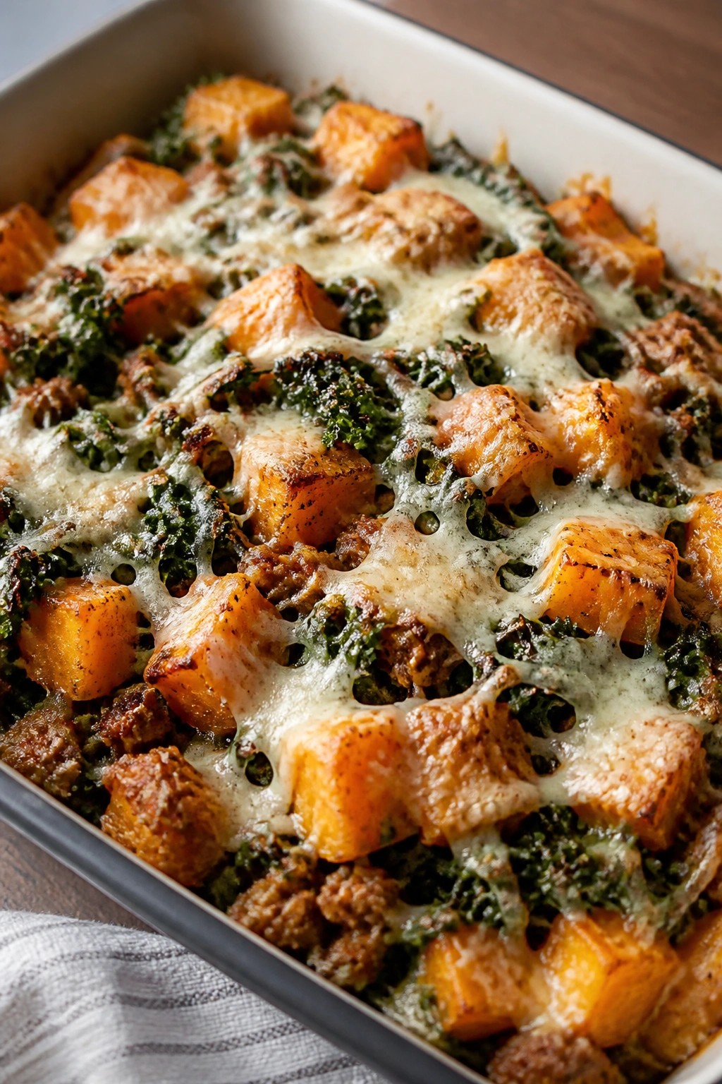 Butternut Squash Sausage and Kale Gratin