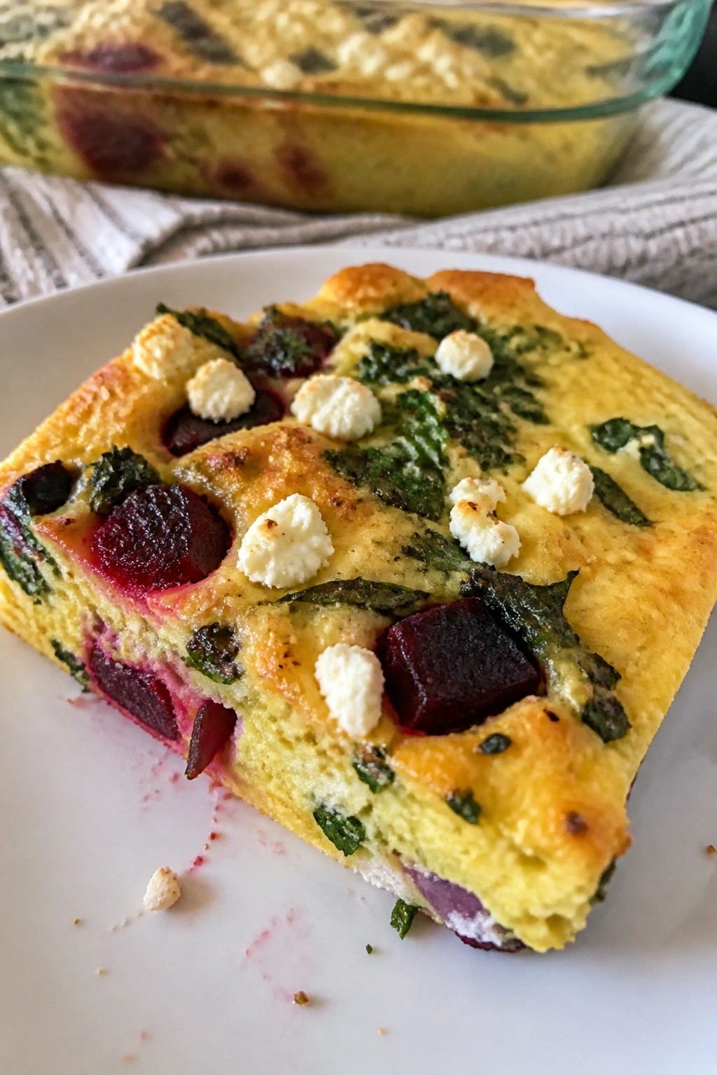 Roasted Beet Arugula Chevre Breakfast Casserole