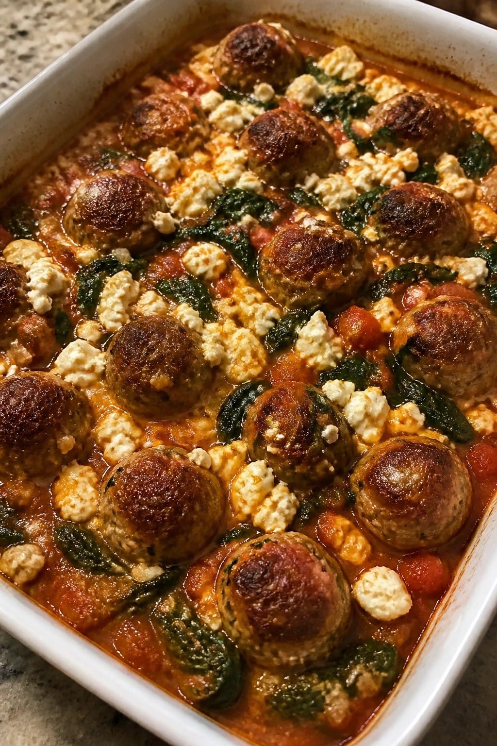 Greek Spinach Feta Turkey Meatball Casserole