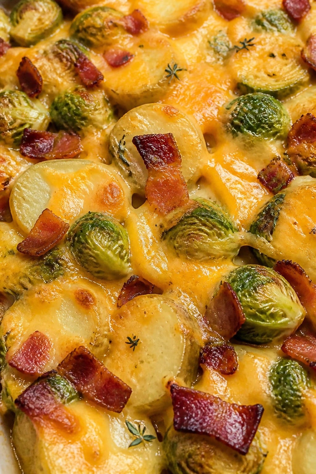 Cheesy Brussels Sprouts and Potato Gratin with Bacon
