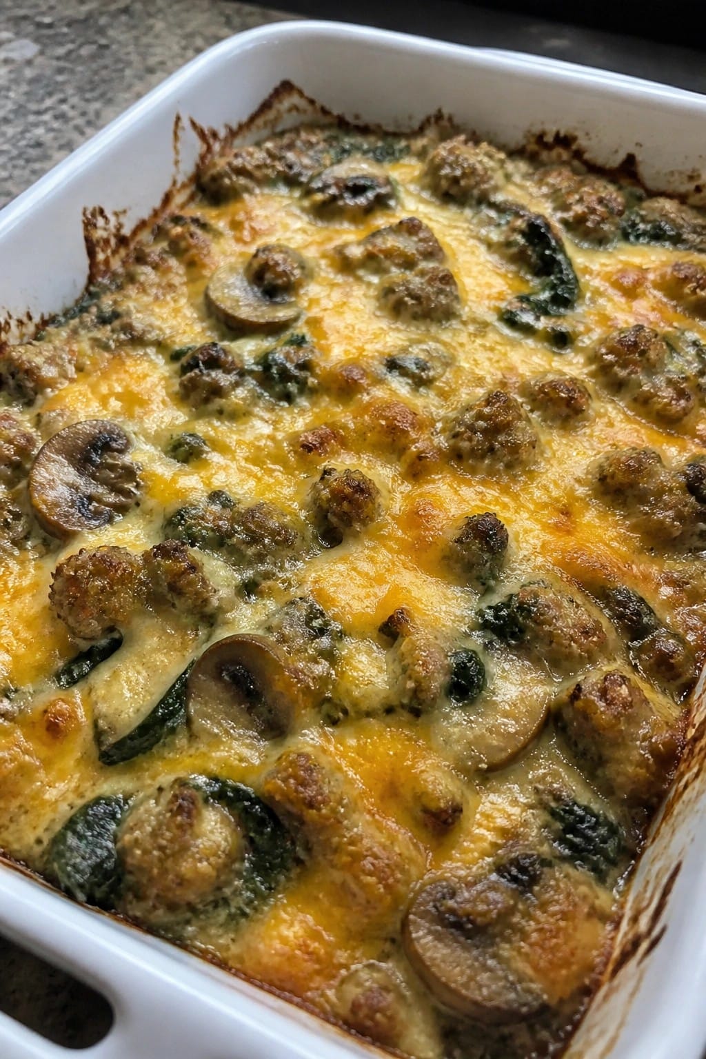 Rustic Sausage, Mushroom, and Spinach Casserole