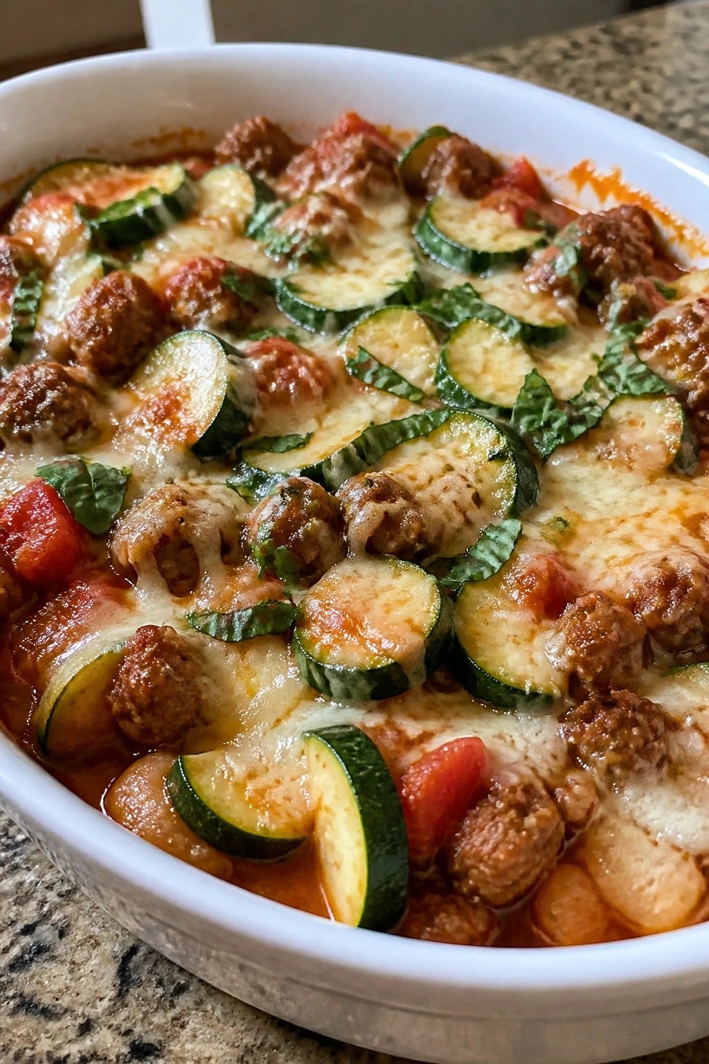 Tomato-Braised Sausage and Zucchini Casserole
