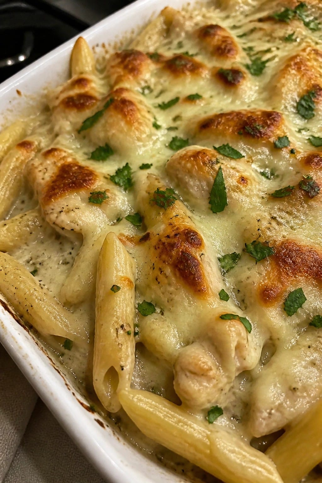 Creamy Garlic Parmesan Chicken Penne Casserole