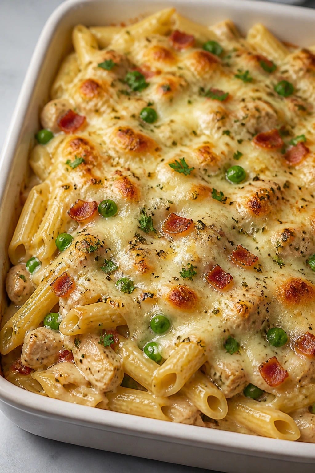 Herbed Chicken Pea Carbonara Casserole