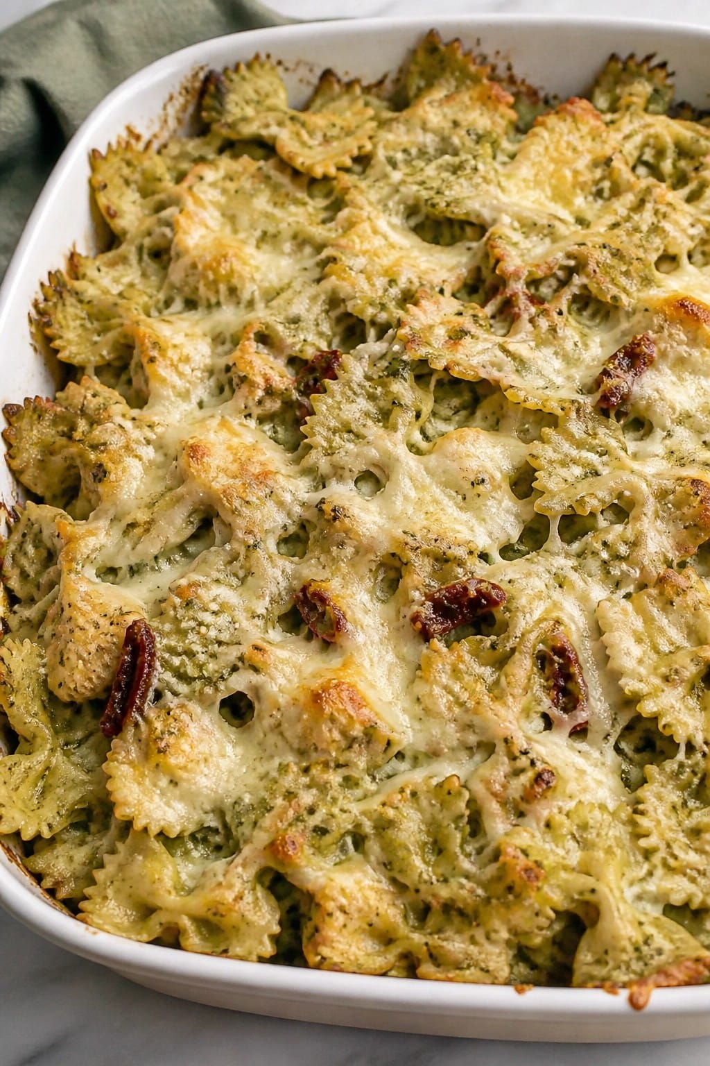 Pesto Chicken and Sun-Dried Tomato Farfalle Bake