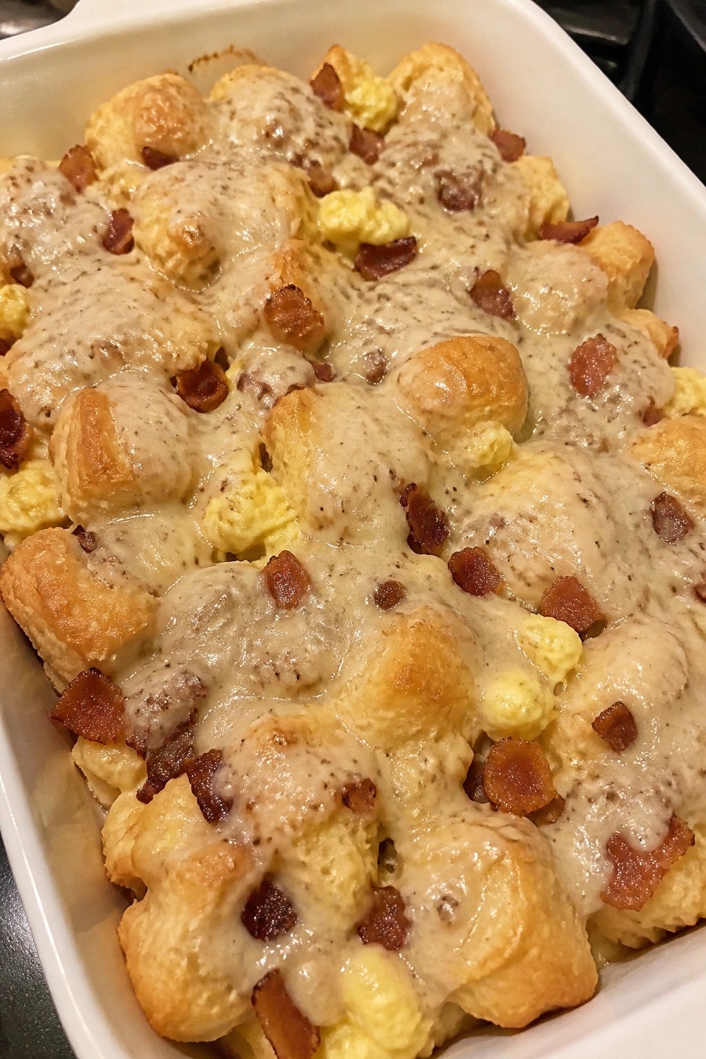 Bacon Egg Biscuit Casserole with Sausage Gravy